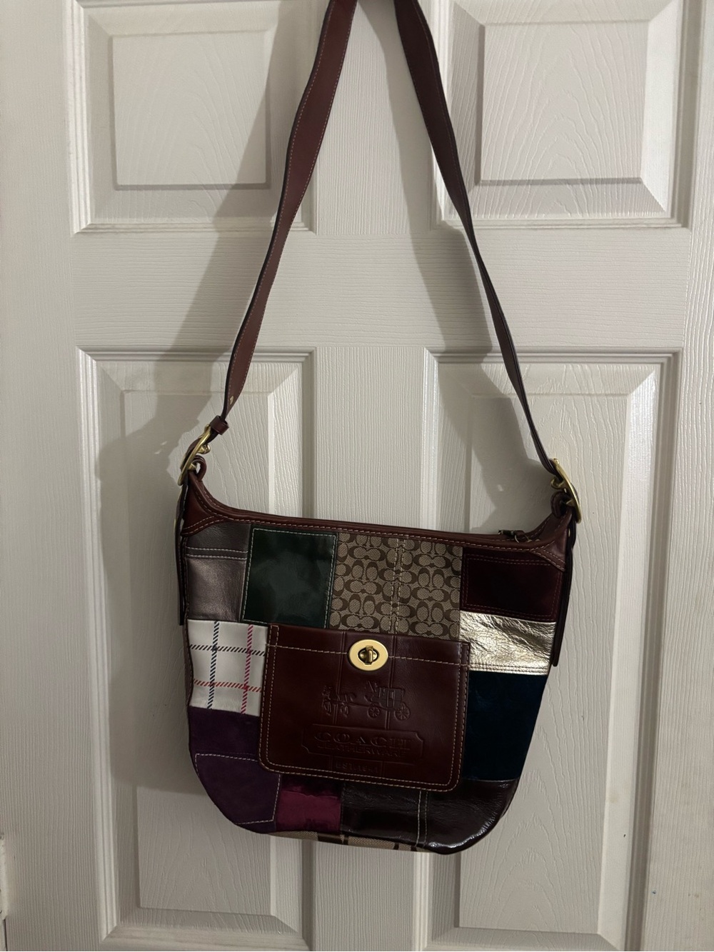 Coach Multicolor Patchwork Leather Shoulder Bag with Brown Trim